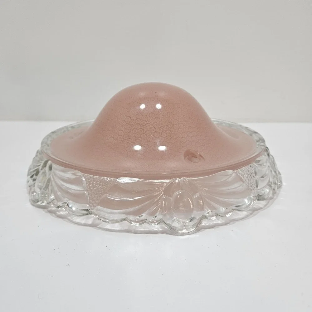 Art Deco Pink Glass Ceiling Light Fixture Cover Three Hole Vintage Mid Century
